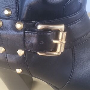 Black Leather Ankle Boots with Gold Accents